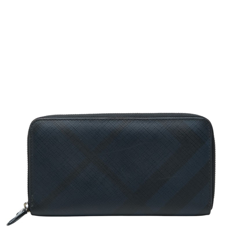 バーバリー シャドーチェック ラウンドファスナー 長財布 ネイビー PVC レザー レディース BURBERRY 中古