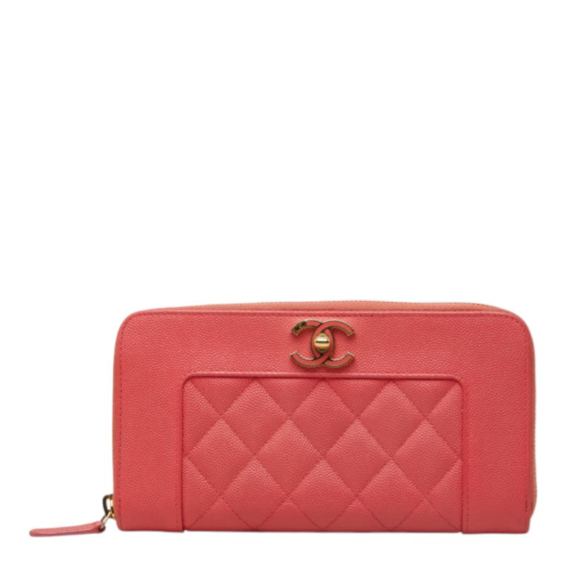 シャネル マトラッセ ココマーク マドモワゼル ラウンドジップ 長財布 ピンク キャビアスキン レディース CHANEL 中古