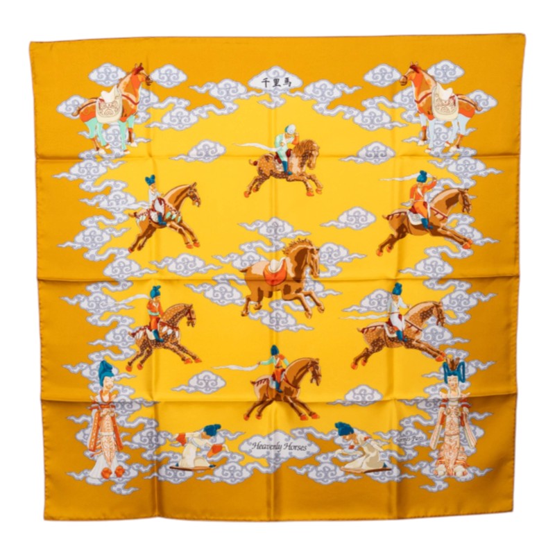 エルメス カレ90 Heavenly Horses ヘヴンリー ホース スカーフ 大判スカーフ イエロー シルク レディース HERMES 中古