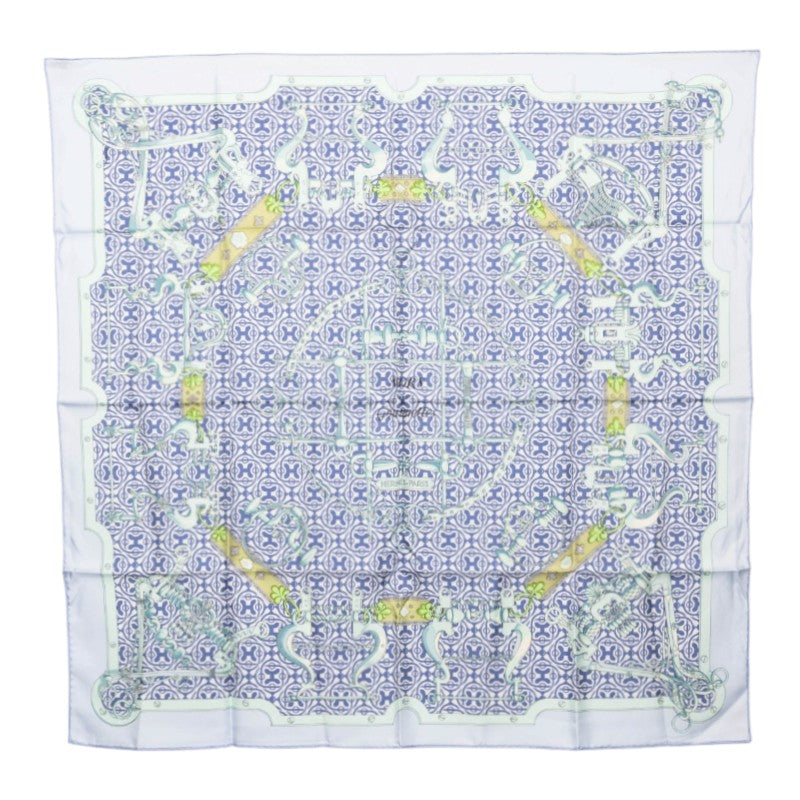 エルメス カレ90 Mors et Gourmettes 馬銜と鎖 スカーフ 大判スカーフ ブルー系 シルク レディース HERMES 中古