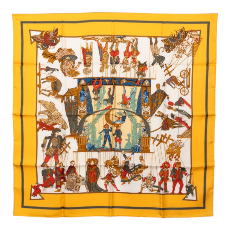 エルメス カレ90 LE TEMPS des MARIONNETTE マリオネットの時間S スカーフ 大判スカーフ イエロー ホワイト シルク レディース HERMES 中古