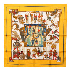 エルメス カレ90 LE TEMPS des MARIONNETTE マリオネットの時間S スカーフ 大判スカーフ イエロー ホワイト シルク レディース HERMES 中古