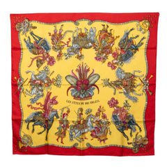 エルメス カレ90 Les Fetes Du Roi Soleil 太陽王の祝典 スカーフ 大判スカーフ レッド系 イエロー系 シルク レディース HERMES 中古