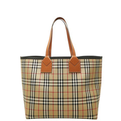バーバリー ロンドン ノバチェック トートバッグ ラージ ベージュ キャンバス レザー レディース BURBERRY 中古
