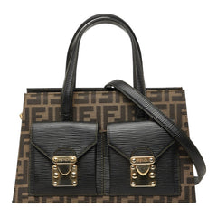 フェンディ ズッカ ハンドバッグ ショルダーバッグ 2WAY ベージュ ブラック キャンバス レザー レディース FENDI 中古