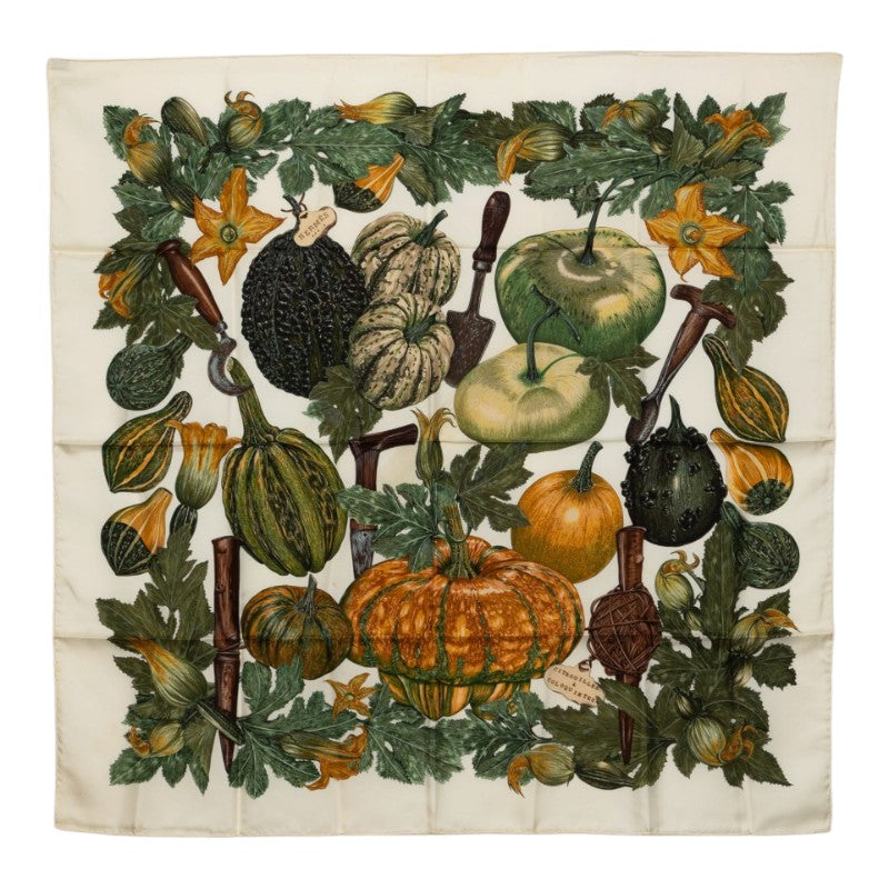 エルメス カレ90 CITROUILLES ET COLOQUINTES かぼちゃとひょうたん スカーフ 大判スカーフ グリーン系 シルク レディース HERMES 中古
