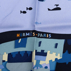 エルメス プチカレ ガヴロッシュ45 MEDITERRANEE 地中海 地中海の庭 ハンカチ ブルー系 シルク レディース HERMES 中古