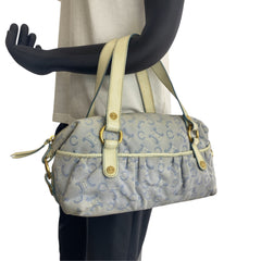 セリーヌ マカダム ハンドバッグ ショルダーバッグ ボストンバッグ ブルー オフホワイト キャンバス レザー レディース CELINE 中古