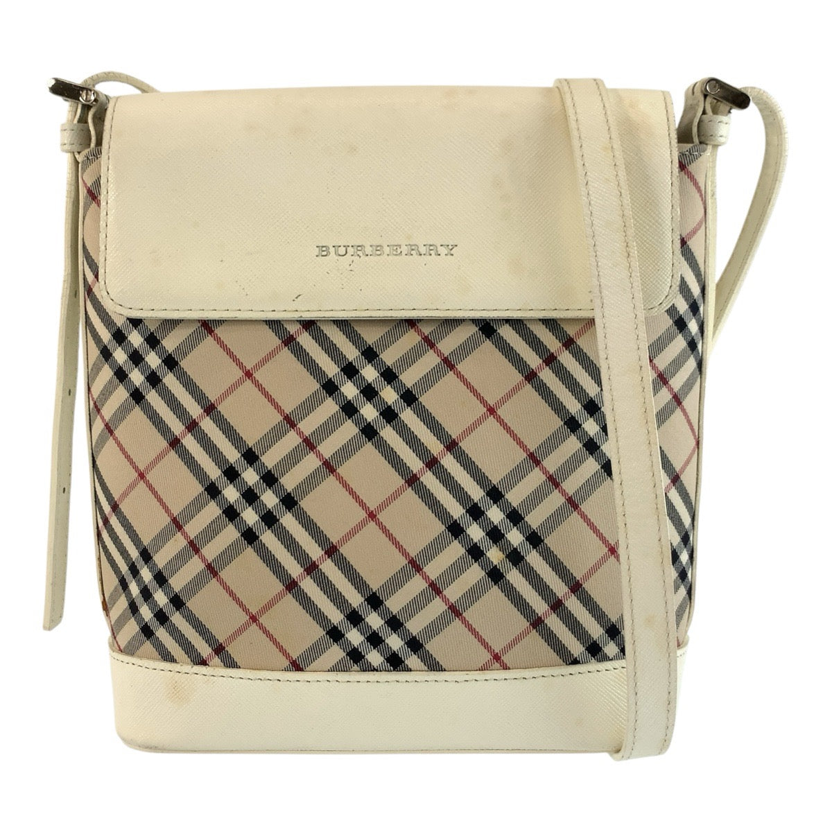 バーバリー ノバチェック ショルダーバッグ ポシェット ホワイト ベージュ キャンバス レザー レディース BURBERRY 中古
