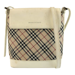 バーバリー ノバチェック ショルダーバッグ ポシェット ホワイト ベージュ キャンバス レザー レディース BURBERRY 中古