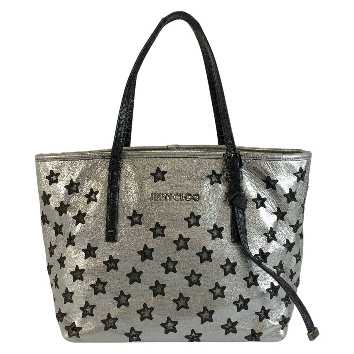 ジミーチュウ スターパンチング トートバッグ ハンドバッグ シルバー ブラック レザー パイソン レディース JIMMY CHOO 中古