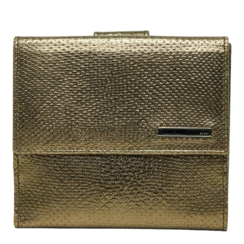 グッチ リザード調 Wホック ロゴプレート 三つ折り財布 ウォレット 035･2888 ゴールド レザー レディース GUCCI 中古