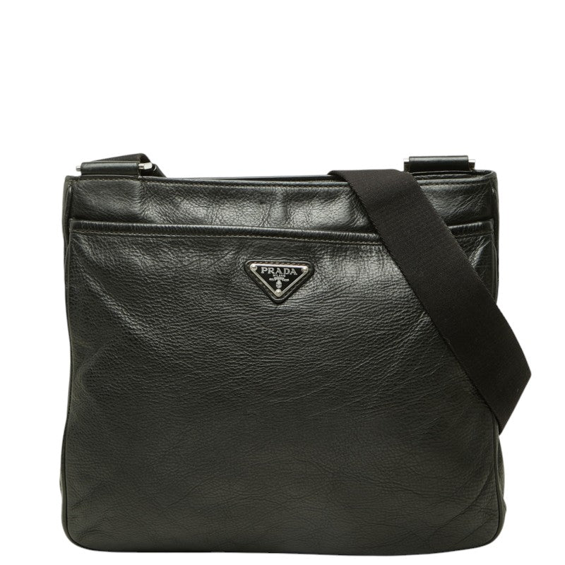 プラダ 三角ロゴプレート 斜め掛け ショルダーバッグ ブラック レザー レディース PRADA 中古
