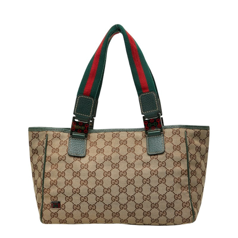 グッチ GGキャンバス シェリーライン トートバッグ ハンドバッグ 145810 ベージュ グリーン キャンバス レザー レディース GUCCI 中古