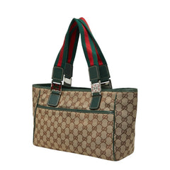 グッチ GGキャンバス シェリーライン トートバッグ ハンドバッグ 145810 ベージュ グリーン キャンバス レザー レディース GUCCI 中古