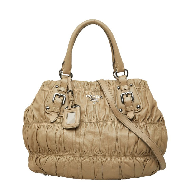 プラダ ナッパ ゴーフル ギャザー バックル ハンドバッグ ショルダーバッグ 2WAY ベージュ レザー レディース PRADA 中古