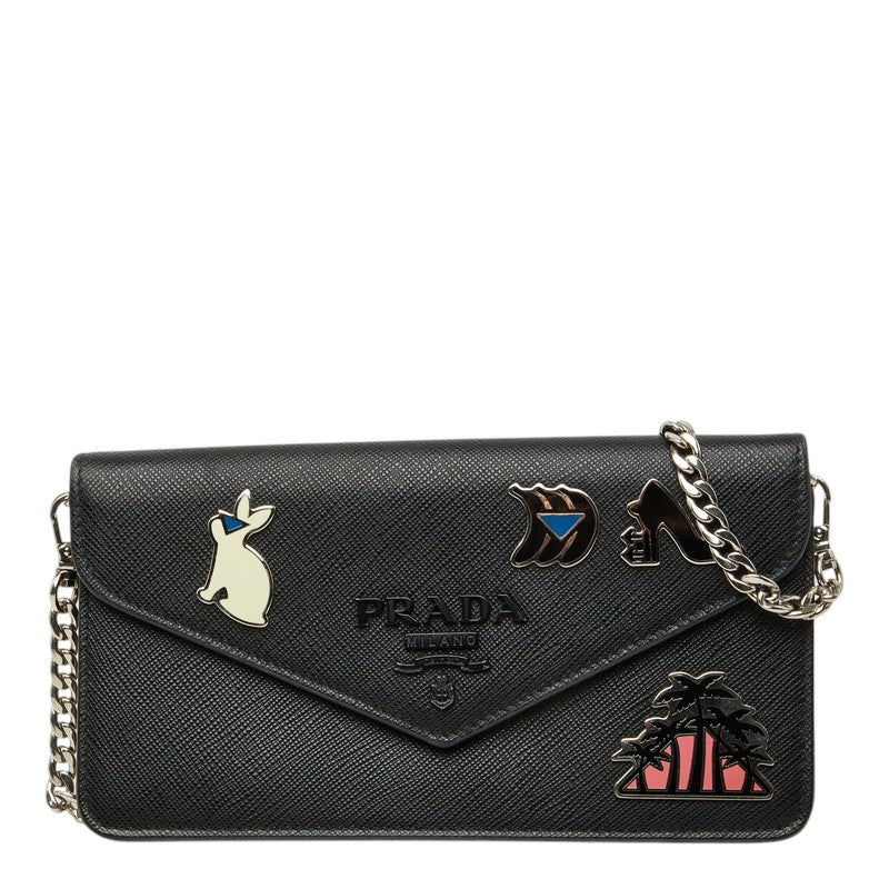 プラダ ピンバッジ チェーンウォレット ショルダーバッグ 1DH044 ブラック サフィアーノレザー レディース PRADA 中古