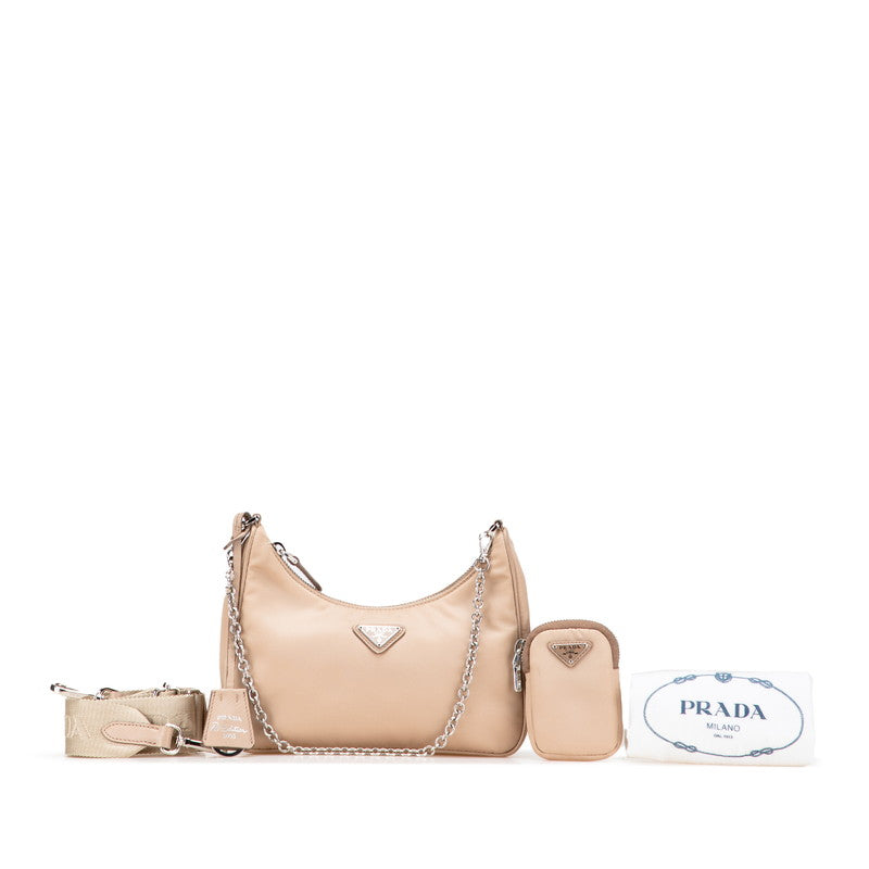プラダ 三角ロゴプレート チェーンショルダーバッグ 1BH204 ベージュ ナイロン レザー レディース PRADA 【中古】