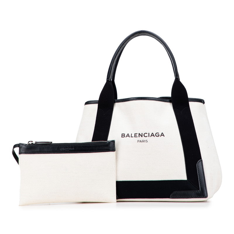 バレンシアガ ネイビーカバS ハンドバッグ トートバッグ 339933 アイボリー ブラック キャンバス レザー レディース BALENCIAGA 【中古】
