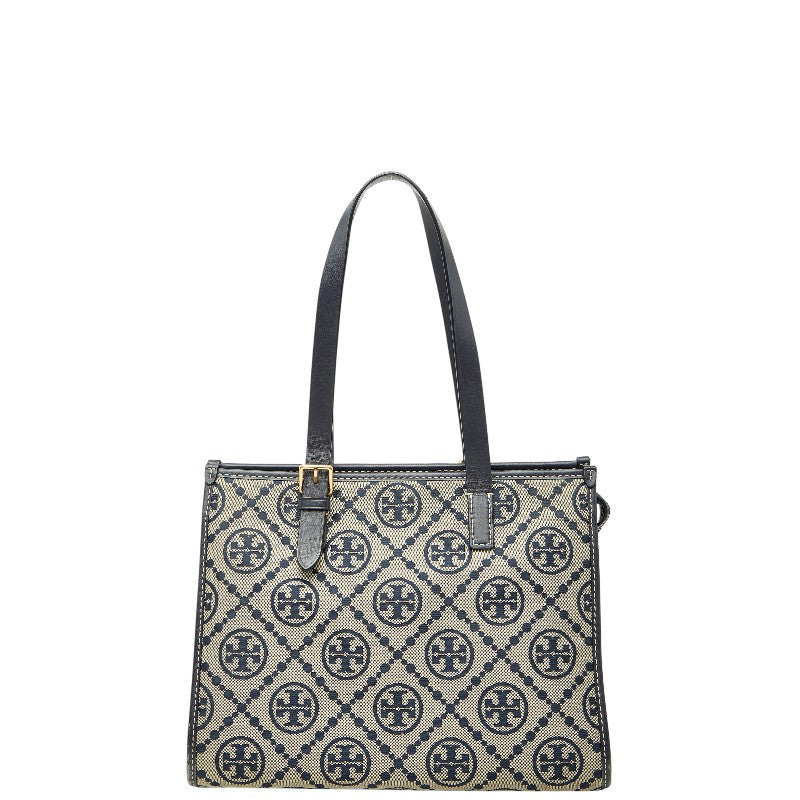 トリーバーチ Tモノグラム ショルダーバッグ トートバッグ ネイビー ベージュ キャンバス レザー レディース Tory Burch 【中古】