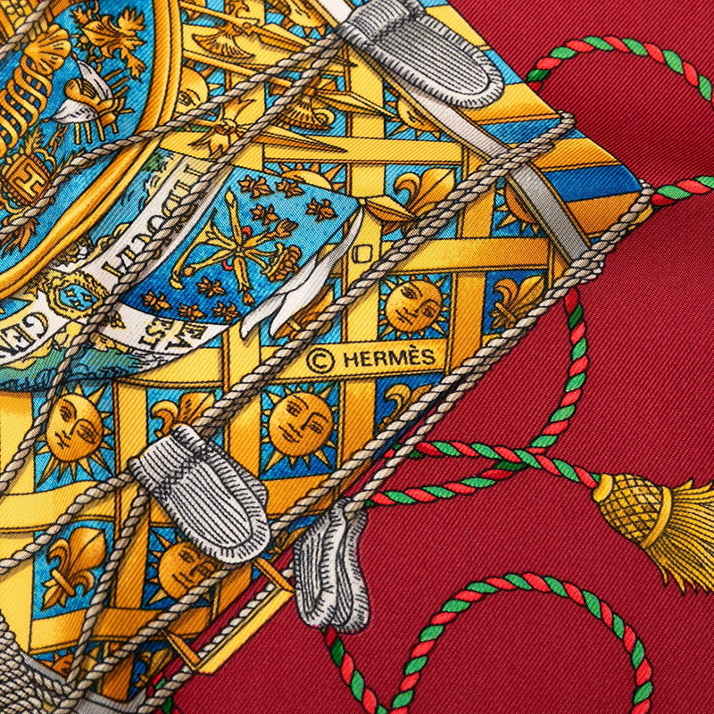エルメス カレ90 LES TAMBOURS 太鼓 スカーフ レッド マルチカラー シルク レディース HERMES 【中古】