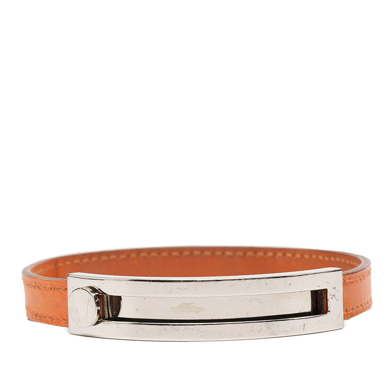 エルメス プスプス ブレスレット バングル オレンジ シルバー金具 レザー メタル レディース HERMES 【中古】