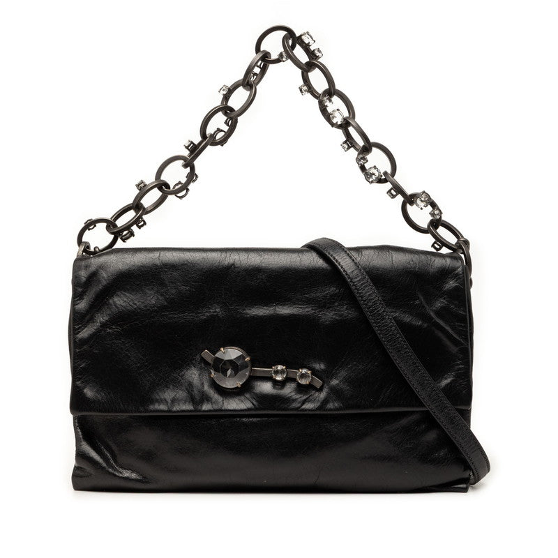 ミュウミュウ ロゴ ハンドバッグ ショルダーバッグ 2WAY ブラック レザー ラインストーン レディース MIUMIU 【中古】