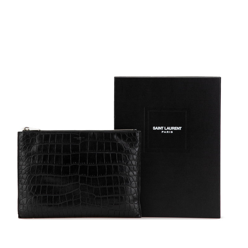 サンローラン クロコ型押し クラッチバッグ セカンドバッグ 39729 ブラック レザー メンズ SAINT LAURENT 【中古】