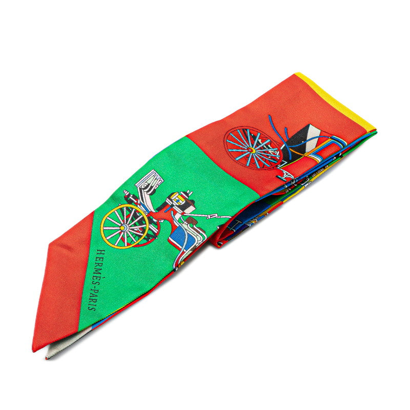 エルメス ツイリー 馬車 スカーフ レッド ブルー マルチカラー シルク レディース HERMES 【中古】