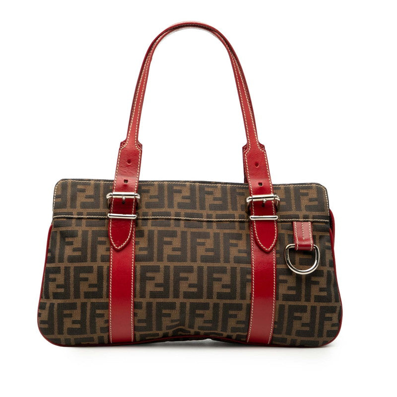 フェンディ ズッカ ミニ ボストンバッグ ハンドバッグ ブラウン レッド キャンバス レザー レディース FENDI 【中古】