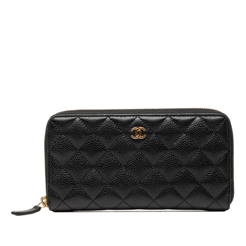 シャネル ココマーク マトラッセ ラウンドファスナー 長財布 ブラック キャビアスキン レディース CHANEL 【中古】