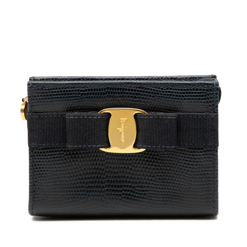 サルヴァトーレフェラガモ ヴァラリボン 型押し ポーチ コスメポーチ 223057 ネイビー レザー レディース Salvatore Ferragamo 【中古】