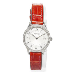 エルメス スリムドゥ ダイヤベゼル 腕時計 CA2.130 クオーツ シルバー文字盤 ステンレススチール レザー レディース HERMES 【中古】