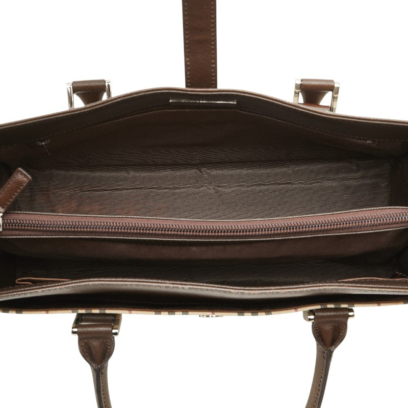 バーバリー ノバチェック ハンドバッグ ベージュ ブラウン キャンバス レザー レディース BURBERRY 【中古】