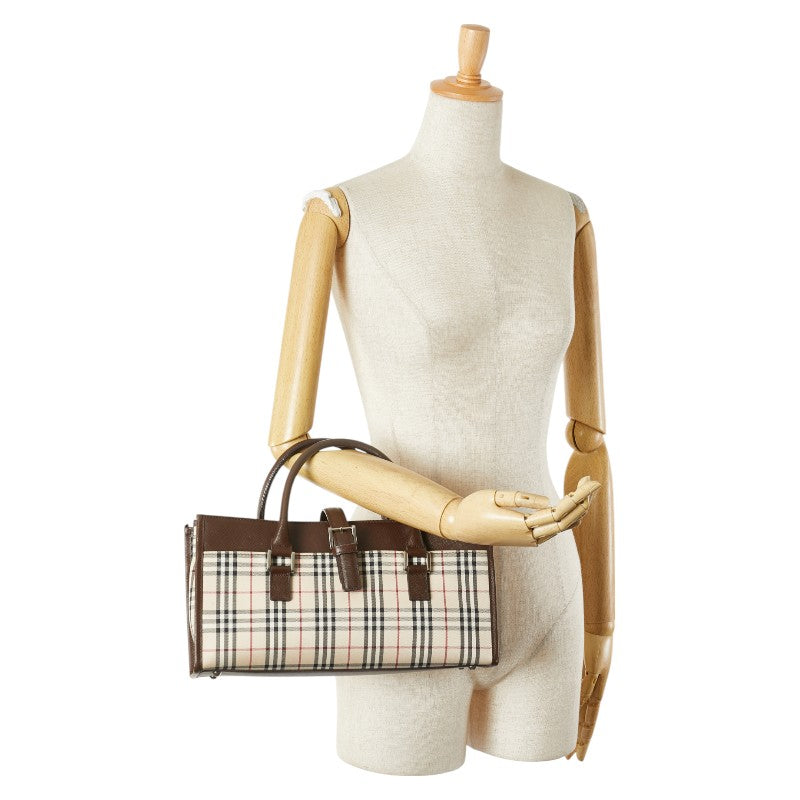 バーバリー ノバチェック ハンドバッグ ベージュ ブラウン キャンバス レザー レディース BURBERRY 【中古】