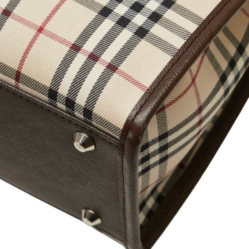 バーバリー ノバチェック ハンドバッグ ベージュ ブラウン キャンバス レザー レディース BURBERRY 【中古】