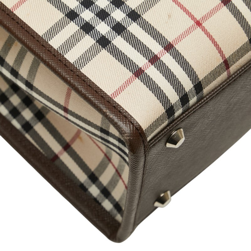 バーバリー ノバチェック ハンドバッグ ベージュ ブラウン キャンバス レザー レディース BURBERRY 【中古】