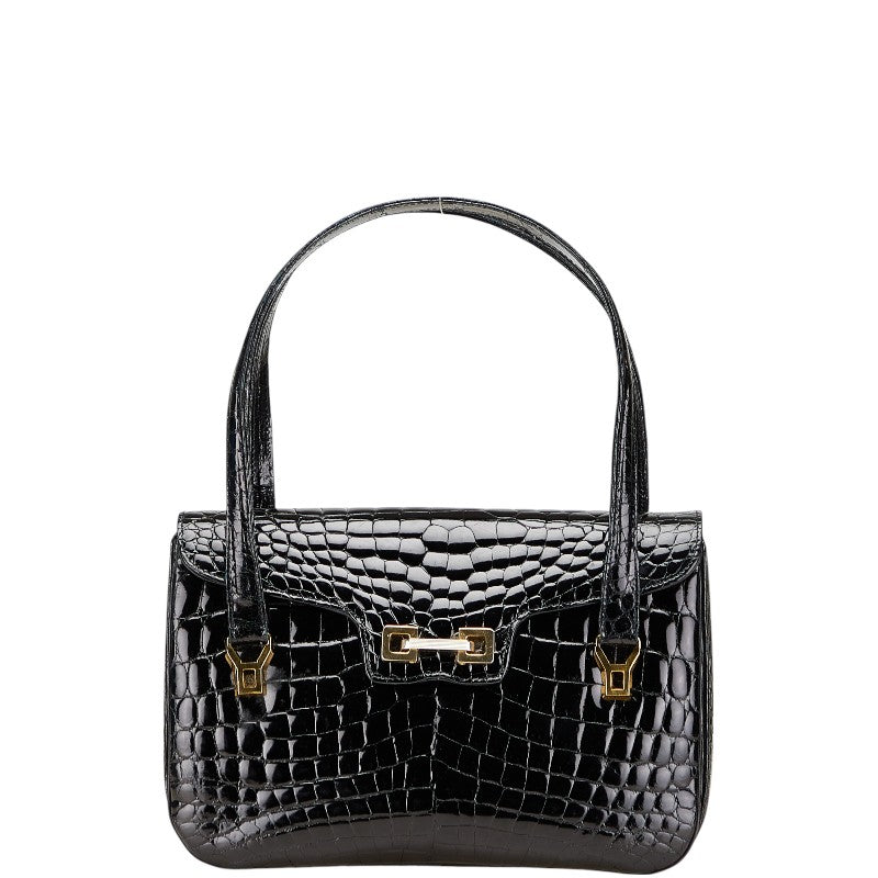 PARAPINI パラピニ クロコ型押し ハンドバッグ ワンショルダーバッグ ブラック レザー レディース 【中古】
