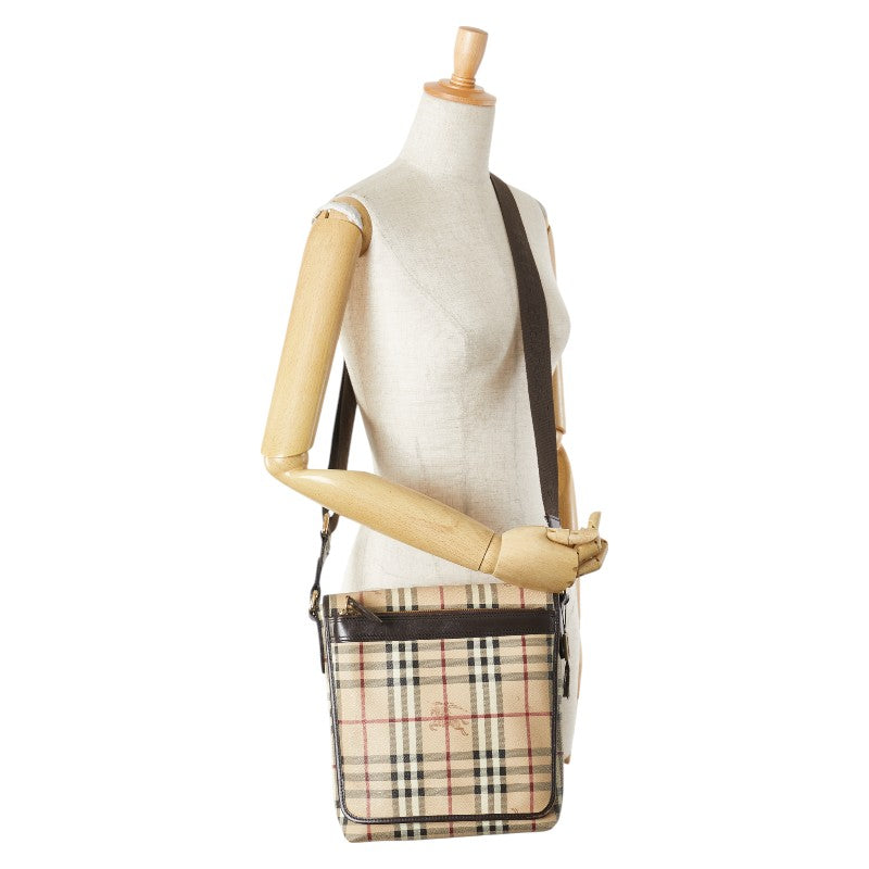 バーバリー ヘイマーケットチェック シャドーホース 斜め掛け ショルダーバッグ ベージュ ブラウン PVC レザー レディース BURBERRY 【中古】