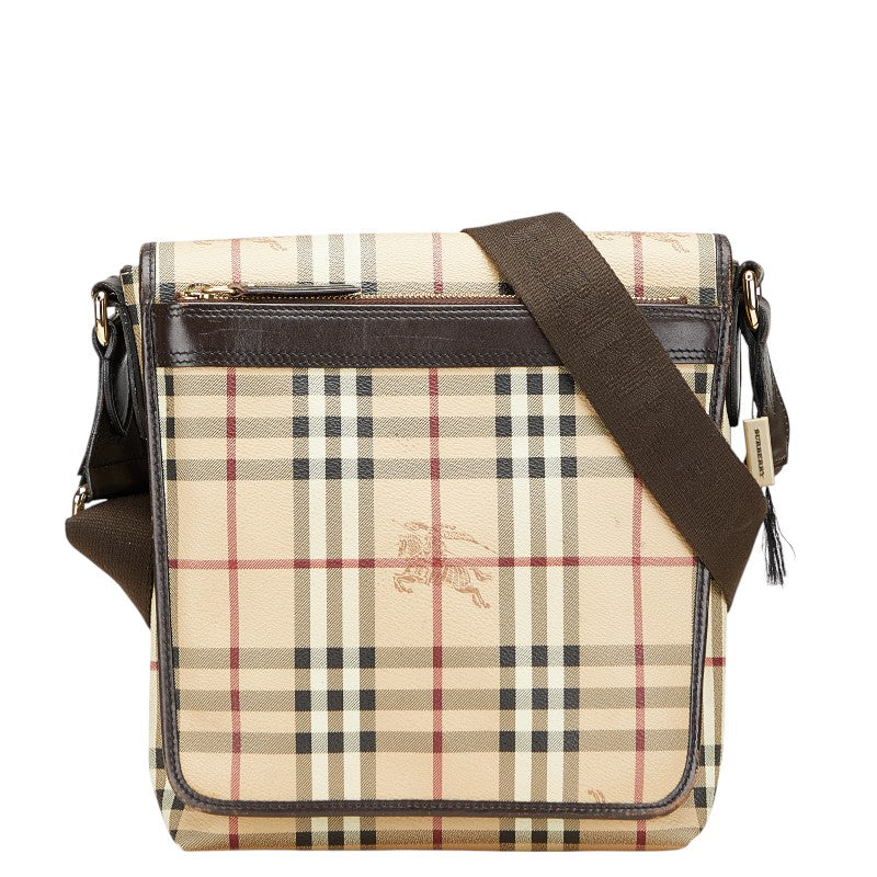 バーバリー ヘイマーケットチェック シャドーホース 斜め掛け ショルダーバッグ ベージュ ブラウン PVC レザー レディース BURBERRY 【中古】