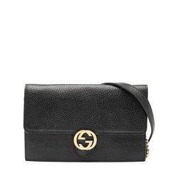 グッチ インターロッキングG 長財布 チェーンウォレットバッグ 510314 ブラック ゴールド レザー レディース GUCCI 【中古】