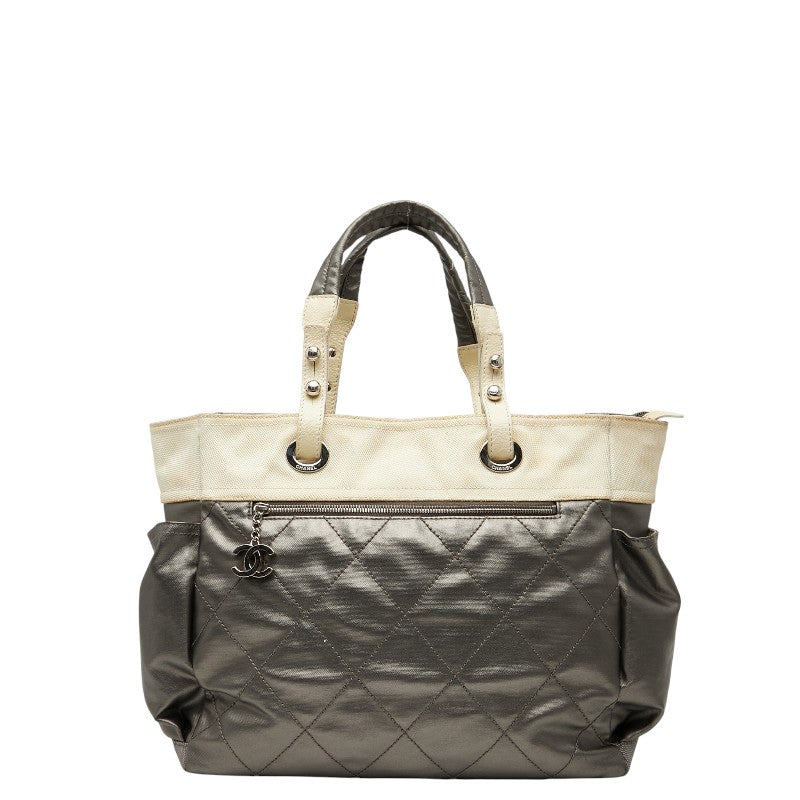 シャネル パリビアリッツ トートGM トートバッグ A34210 グレー アイボリー PVC キャンバス レディース CHANEL 【中古】