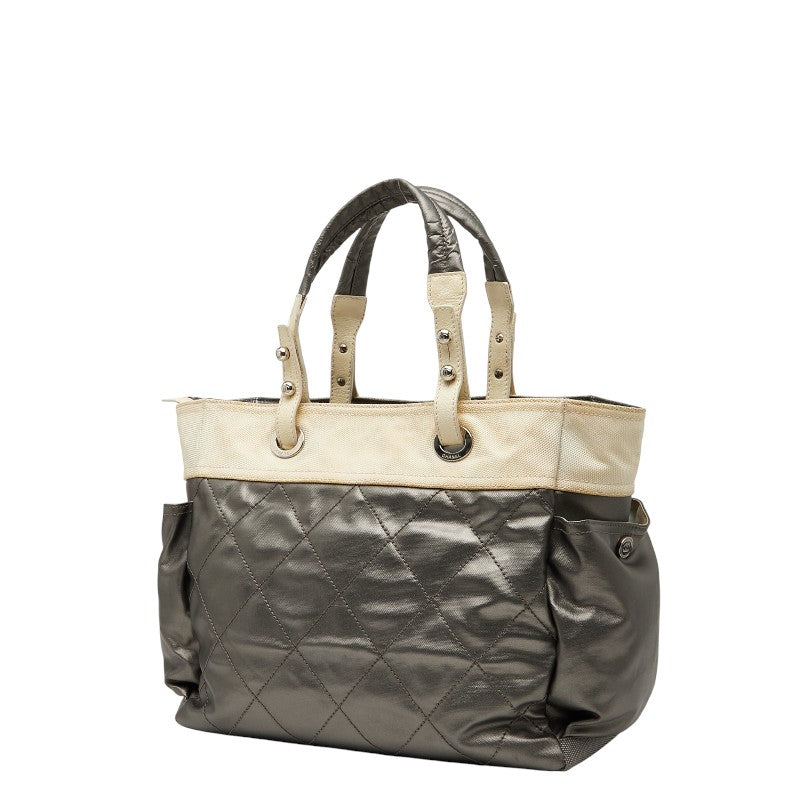 シャネル パリビアリッツ トートGM トートバッグ A34210 グレー アイボリー PVC キャンバス レディース CHANEL 【中古】