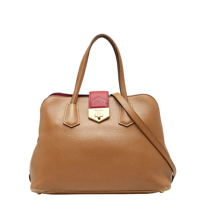 プラダ ロゴ トートバッグ ショルダーバッグ 2WAY ブラウン レッド レザー レディース PRADA 【中古】