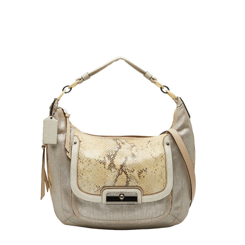 コーチ パイソン型押し ハンドバッグ ショルダーバッグ 2WAY ベージュ ホワイト キャンバス レザー レディース COACH 【中古】