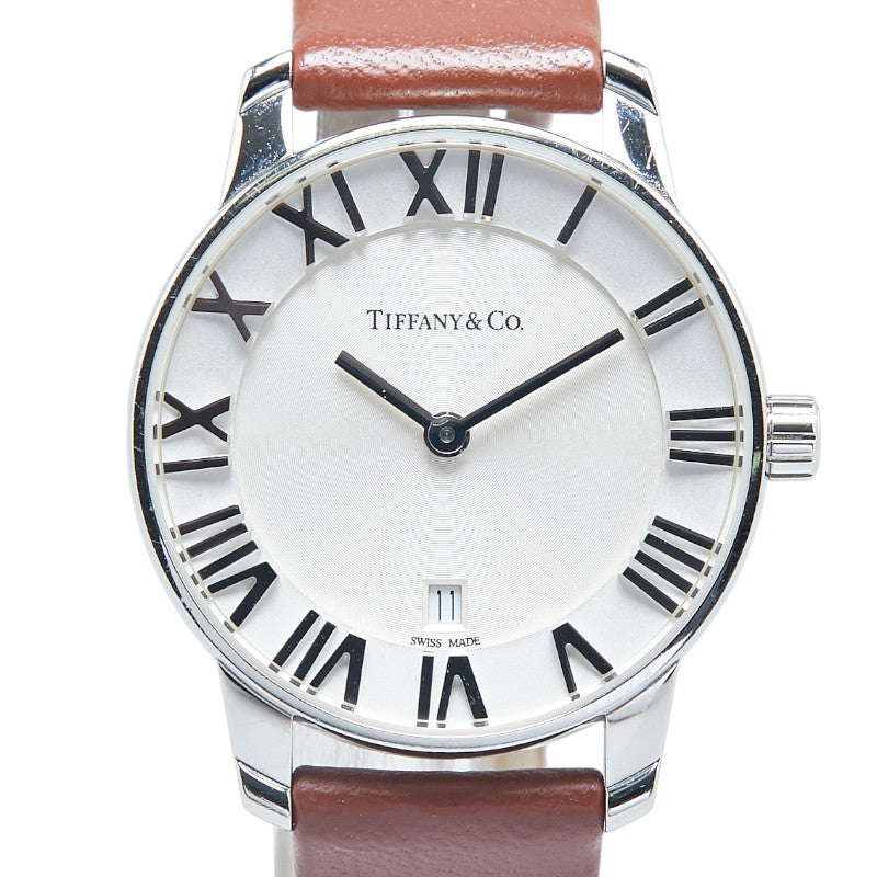 ティファニー アトラスドーム デイト 腕時計 クオーツ シルバー文字盤 ステンレススチール レザー レディース TIFFANY&Co. 【中古】