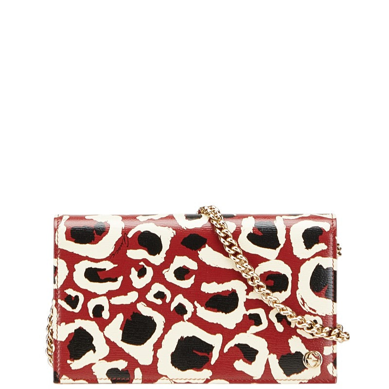 グッチ レオパード ヒョウ柄 斜め掛け チェーン ウォレット ショルダーバッグ  354697 ボルドー ホワイト ブラック レザー レディース GUCCI 【中古】