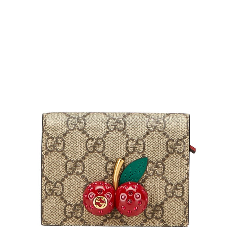 グッチ GGスプリーム チェリー 二つ折り財布 コンパクトウォレット 476050 ベージュ レッド PVC レザー レディース GUCCI 【中古】