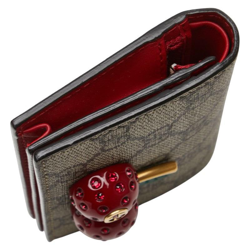 グッチ GGスプリーム チェリー 二つ折り財布 コンパクトウォレット 476050 ベージュ レッド PVC レザー レディース GUCCI 【中古】