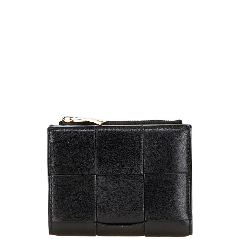 ボッテガヴェネタ マキシイントレチャート スモール カセット 二つ折り財布 ブラック レザー レディース BOTTEGAVENETA 【中古】